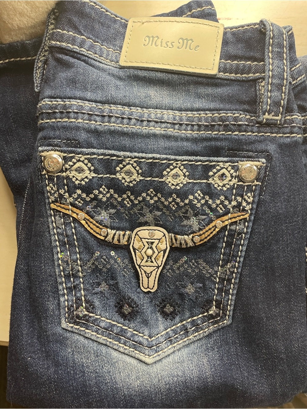 Miss Me Dark Blue Denim Jeans with Cream Embroidery